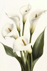 A beautiful arrangement of white calla lilies with green leaves against a light background.