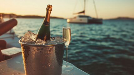 Champagne bottle in ice bucket, champagne glass sitting on the yatch deck next to the ice bucket for serving to passenger tourists on luxury catamaran boat sailing in the ocean at summer sunset