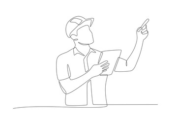 Warehouse workers designate goods according to the list in the document. Warehousing concept one-line drawing