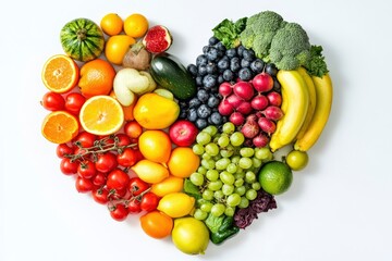 Fruits and vegetables concept, Fruits and vegetables in heart shape on white background, ai