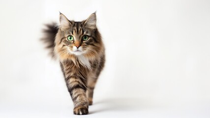 Majestätische Anmut: Elegante flauschige Katze posiert auf reinem Weiß. Seidiges Fell glänzt, grüne Augen fesseln. Fotogene Schönheit pur