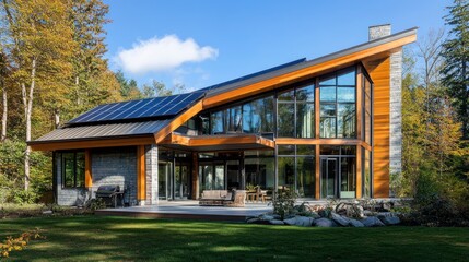 A residential home featuring large windows for natural lighting, solar panels, and a rainwater collection system, creating a fully self-sufficient, zero-energy living space.