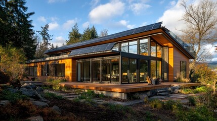 Obraz premium A residential home featuring large windows for natural lighting, solar panels, and a rainwater collection system, creating a fully self-sufficient, zero-energy living space.