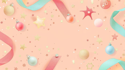 Pastel Christmas Ornaments and Ribbons on a Festive Background