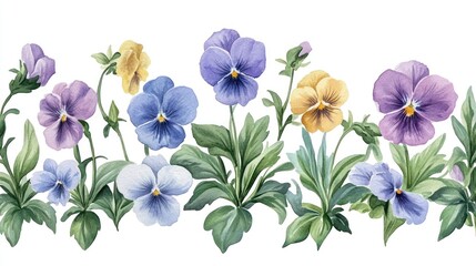 Fototapeta premium A vibrant watercolor illustration of various pansy flowers with green leaves.