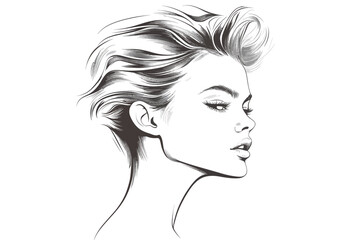 Stylish black and white illustration of a woman with tousled hair showcasing a modern, elegant profile view