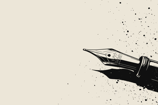 A detailed illustration of a fountain pen resting on a textured background with ink splatters