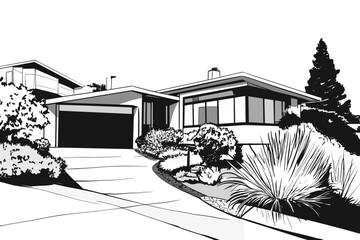 A modern house sits amidst landscaped gardens under clear skies on a sunny afternoon in an urban neighborhood