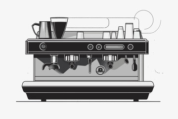 Detailed illustration of an espresso machine set against a minimalist background showcasing coffee preparation