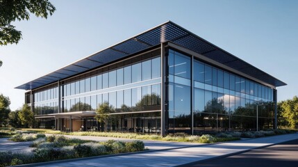 Obraz premium A sleek, modern office building with solar panels covering the roof and walls, generating all its electricity. The design focuses on energy efficiency and sustainability.