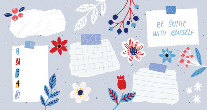 Cute mood board, blank sticky notes, ripped paper pages and winter flowers doodles, flat illustration on blue background. Vector productivity set, vision board design