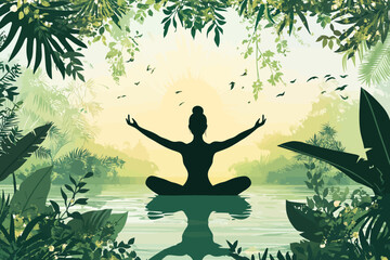 A serene moment of meditation by a tranquil lake surrounded by lush greenery at dawn