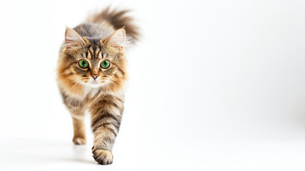 Obraz premium Majestätische Anmut: Elegante flauschige Katze posiert auf reinem Weiß. Seidiges Fell glänzt, grüne Augen fesseln. Fotogene Schönheit pur