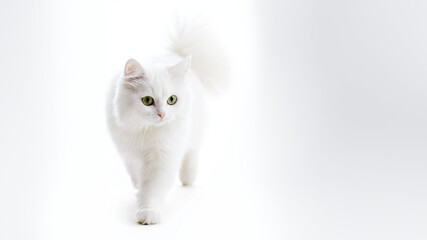 Weiße flauschige Katze mit hypnotisierenden grünen Augen auf hellem Hintergrund. Elegantes Fellknäuel strahlt Reinheit aus. Perfekt für Tierwerbung