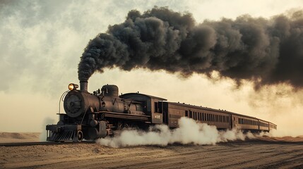 Fototapeta premium A vintage coal-powered locomotive, billowing thick black smoke as it moves across a barren landscape, emphasizing the historical reliance on fossil fuels.