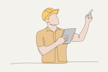 Colored warehouse workers designate goods according to the list in the document. Warehousing concept one-line drawing