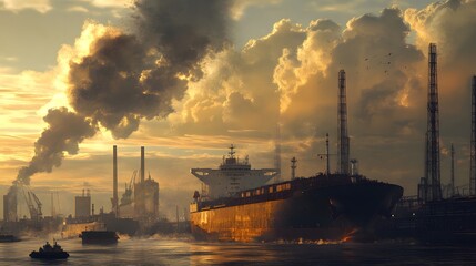 A shipyard with large cargo vessels and oil tankers, releasing emissions into the atmosphere as they load and unload fossil fuels.