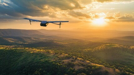 Fototapeta premium A solar-powered drone hovering over a remote area, providing real-time environmental data to researchers, showcasing the future of eco-friendly technology and data collection.