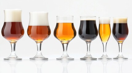 A stylish collection of Belgian beer glasses with a curved design, creating beautiful reflections on a white background, perfect for savoring rich, flavorful beers.