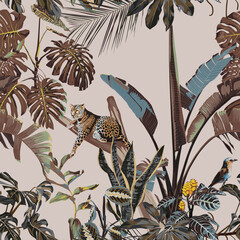 Tropical night vintage wild pattern, palm tree, palm leaves and plant floral seamless border black background. Exotic jungle wallpaper. Leopard animal.