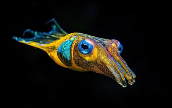 A cuttlefish is featured in the photo with its eyes open and visible tentacles floating above water against a dark blue background.