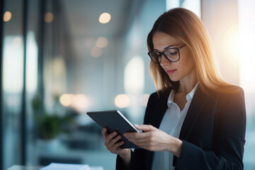 Fototapeta premium Confident businesswoman typing on a tablet in a sleek, modern office, embodying digital professionalism and innovation. 