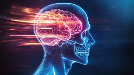 An artistic depiction of a human brain with dynamic motion effects, symbolizing intelligence, cognition, and creativity.