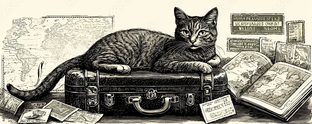 Wall mural A cat lounging on a vintage suitcase surrounded by scattered postcards and an open travel journal with a nostalgic background featuring an old train ticket and map