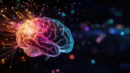 A vibrant depiction of a brain with colorful sparks and light effects, symbolizing creativity and intelligence.