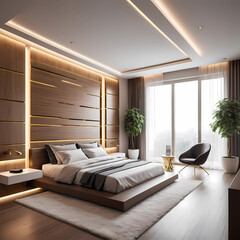 Bedroom Design that a futuristic minimalist style combining solid wood elements 