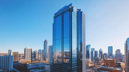 A high-rise corporate building with the city skyline in the background, clear blue skies