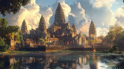 Fototapeta premium A majestic temple complex with towering spires, reflecting centuries of architectural beauty