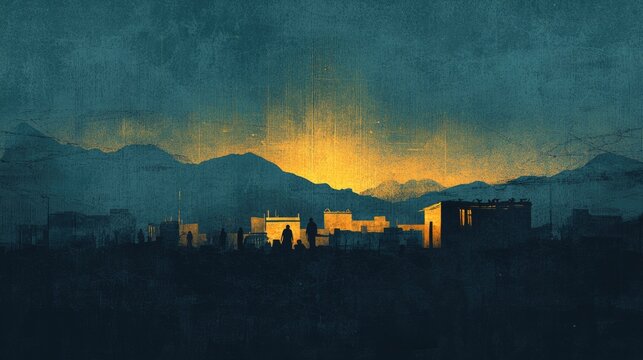 Bethlehem. Cityscape of the city at night with mountains in grunge style on textured background.