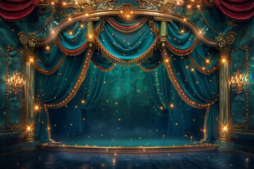 interior design, victorian theater stage with teal velvet curtains and golden accents, vintage, fantasy background, glowing particles in the air, photorealistic