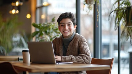 Latino pre -Teen pupil studying online with laptop in cozy coffee shop. Focused on homework, teen enjoys the casual atmosphere while engaging in digital learning, perfect for remote education.