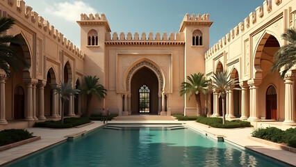 A majestic Arabian-style palace with a central courtyard featuring a pool and palm trees. Ideal for showcasing luxury travel, exotic destinations, or cultural experiences.