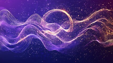 Abstract background with shimmering lines, resembling waves in a deep blue and purple background with golden particles.