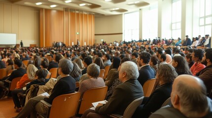 Naklejka premium A public interfaith dialogue event in a large hall, with participants from different religions engaging in meaningful conversation