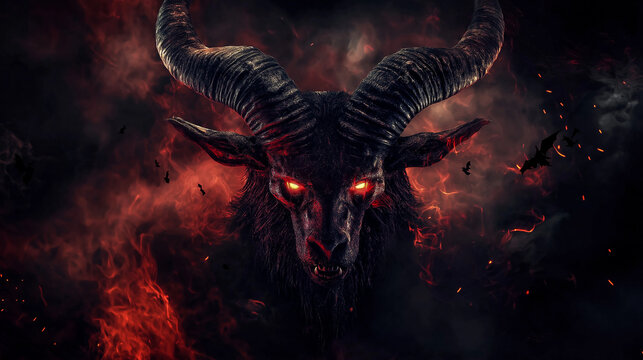 Gruseliger Baphomet: D&uuml;stere Halloween-Ikone. Ziegenkopf, Fl&uuml;gel, Pentagramm. Mystische Figur f&uuml;r okkulte Partys. Schauriges Kost&uuml;mideal