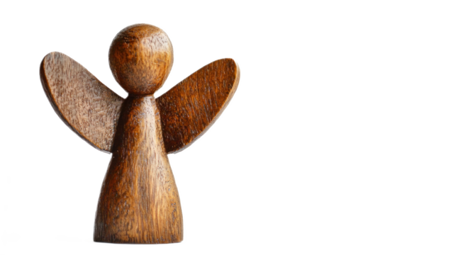 A small wooden angel ornament with simple features and a rustic finish, set against a plain transparency background
