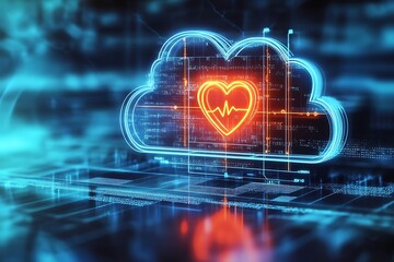 Cloud icon with heartbeat on digital background symbolizes health data security