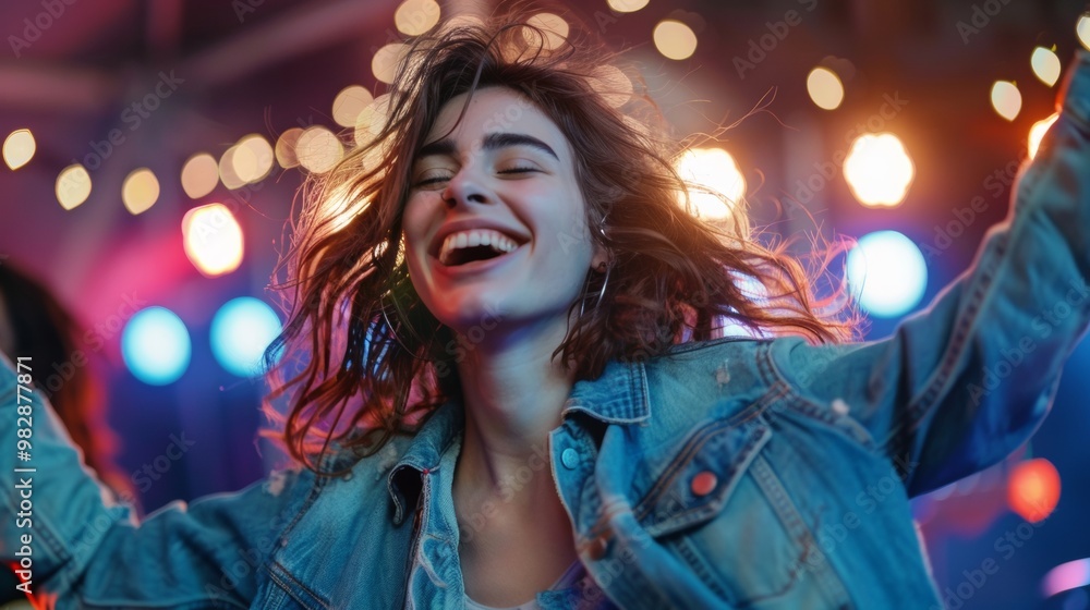 Wall mural beautiful young woman enjoying a concert