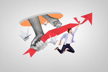 Composite photo collage of serious businessman fly superhero pose arrow up development hands help paper swan isolated on painted background