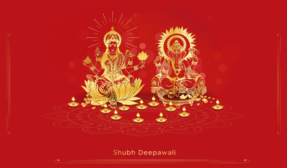 Happy Dhanteras. Diwali festival, Golden maa lakshmi and god ganesha vector illustration on red background.