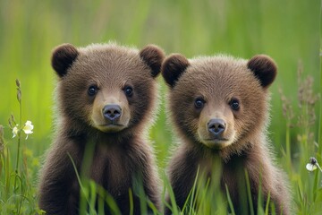 Obraz premium Two adorable brown bear cubs in a grassy field, close-up of young bears in their natural habitat, Ai Generation