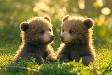 Fototapeta premium Two adorable brown bear cubs sitting on the grass in soft sunlight, playfully interacting in a peaceful nature setting, Ai Generation