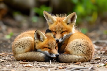 Two baby red foxes peacefully sleeping in the forest, snuggled together with eyes closed, showcasing their soft fur, Ai Generation