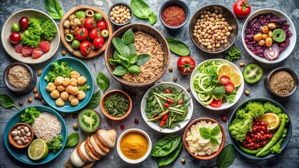 A vibrant assortment of fresh vegetables, grains, nuts, and legumes served in various bowls, promoting healthy eating and nutrition.