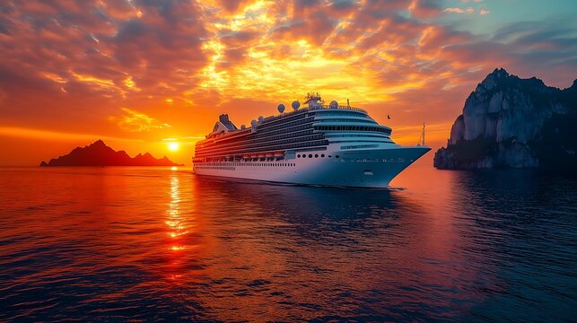 huge luxury cruise ship sailing at sunset on calm waters near the coastline