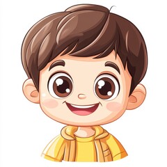 Obraz premium A cute cartoon boy with big eyes and short brown hair smiles happily, wearing a yellow shirt ideal for children's content, educational materials, or kids' product advertising,